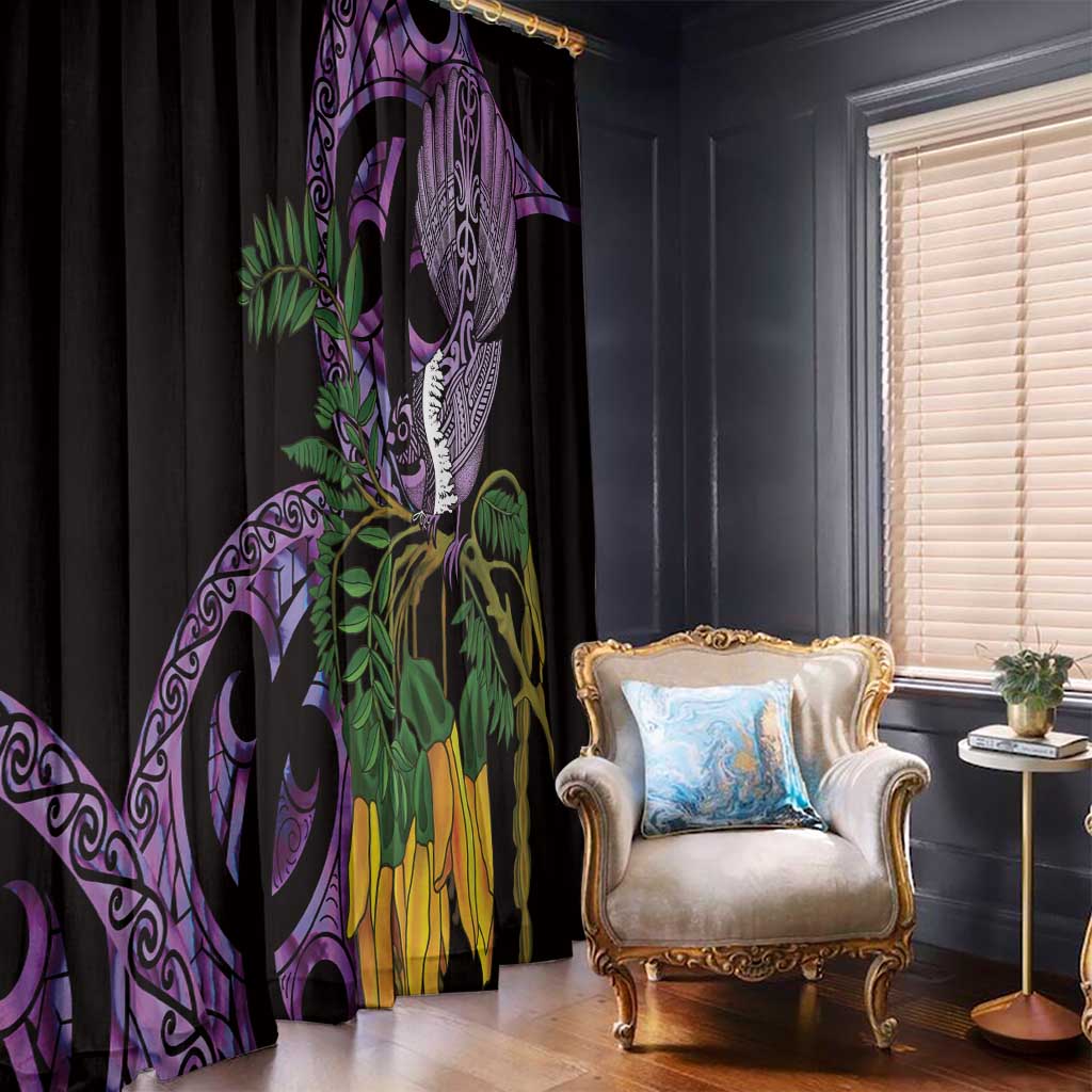 Purple New Zealand Kowhai And Piwakawaka Window Curtain Maori Ngaru Paua Shell