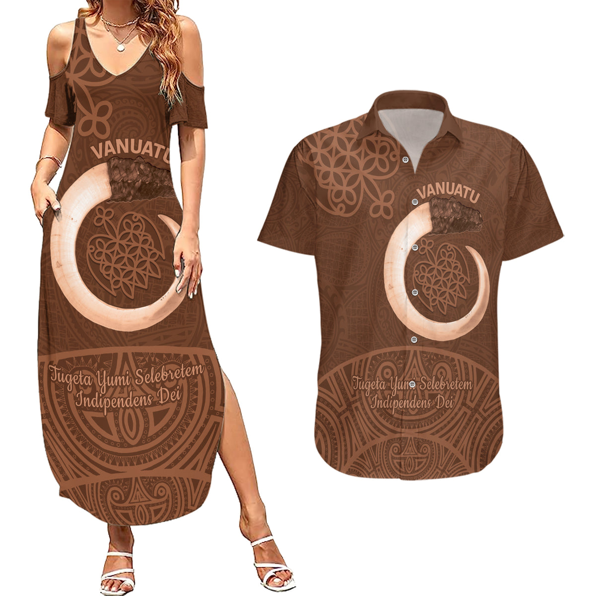 Vanuatu Indipendens Dei Couples Matching Summer Maxi Dress and Hawaiian Shirt Yumi 44th Sand Drawing Turtle Mix Lapita
