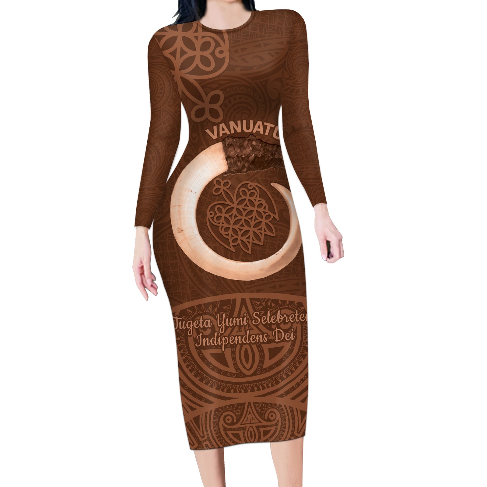 Vanuatu Indipendens Dei Long Sleeve Bodycon Dress Yumi Sand Drawing Turtle Mix Lapita LT14 Long Dress Brown - Polynesian Pride