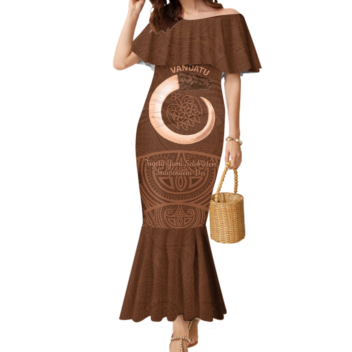Vanuatu Indipendens Dei Mermaid Dress Yumi Sand Drawing Turtle Mix Lapita LT14 Women Brown - Polynesian Pride