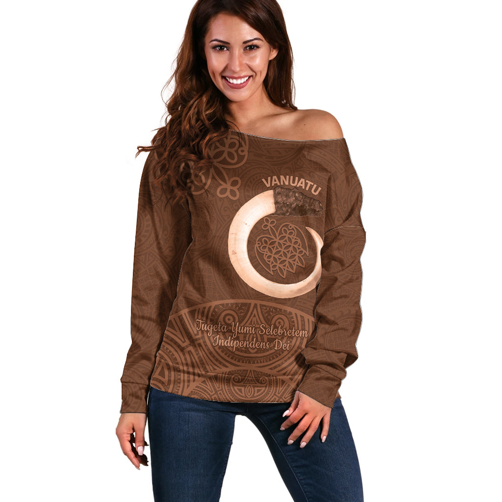 Vanuatu Indipendens Dei Off Shoulder Sweater Yumi Sand Drawing Turtle Mix Lapita LT14 Women Brown - Polynesian Pride