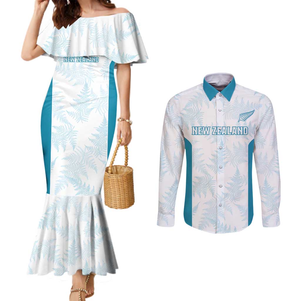 Custom New Zealand Silver Fern Football Couples Matching Mermaid Dress and Long Sleeve Button Shirt Come On All White