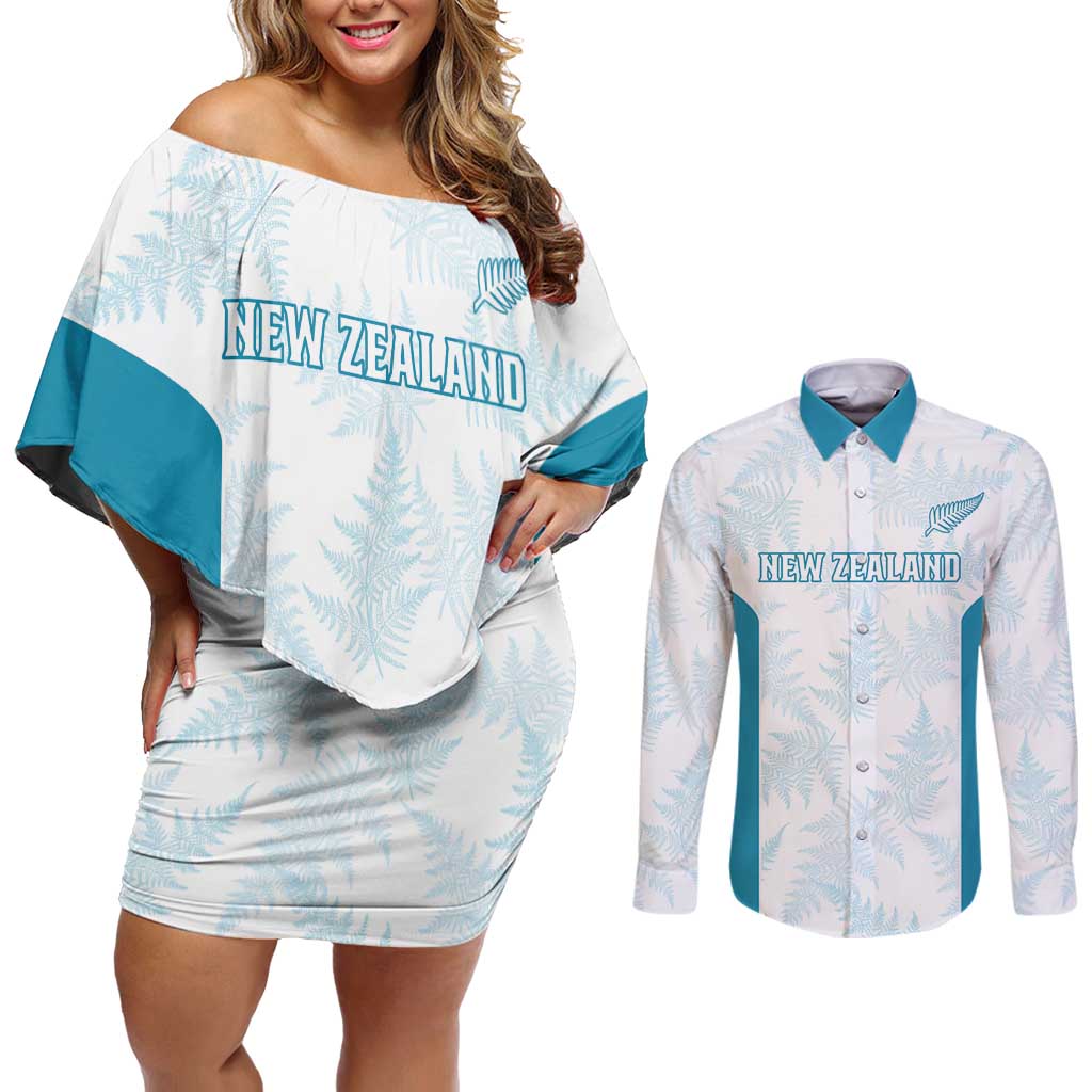 Custom New Zealand Silver Fern Football Couples Matching Off Shoulder Short Dress and Long Sleeve Button Shirt Come On All White