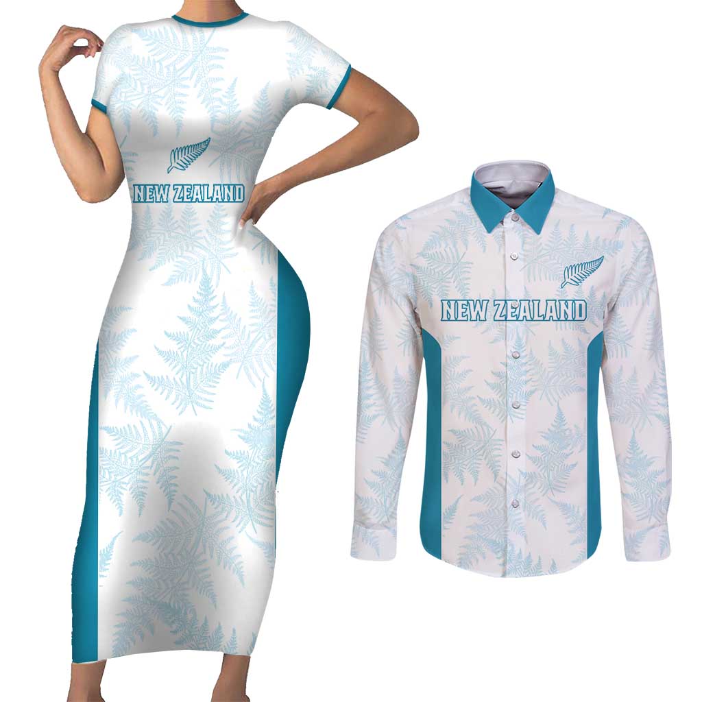 Custom New Zealand Silver Fern Football Couples Matching Short Sleeve Bodycon Dress and Long Sleeve Button Shirt Come On All White