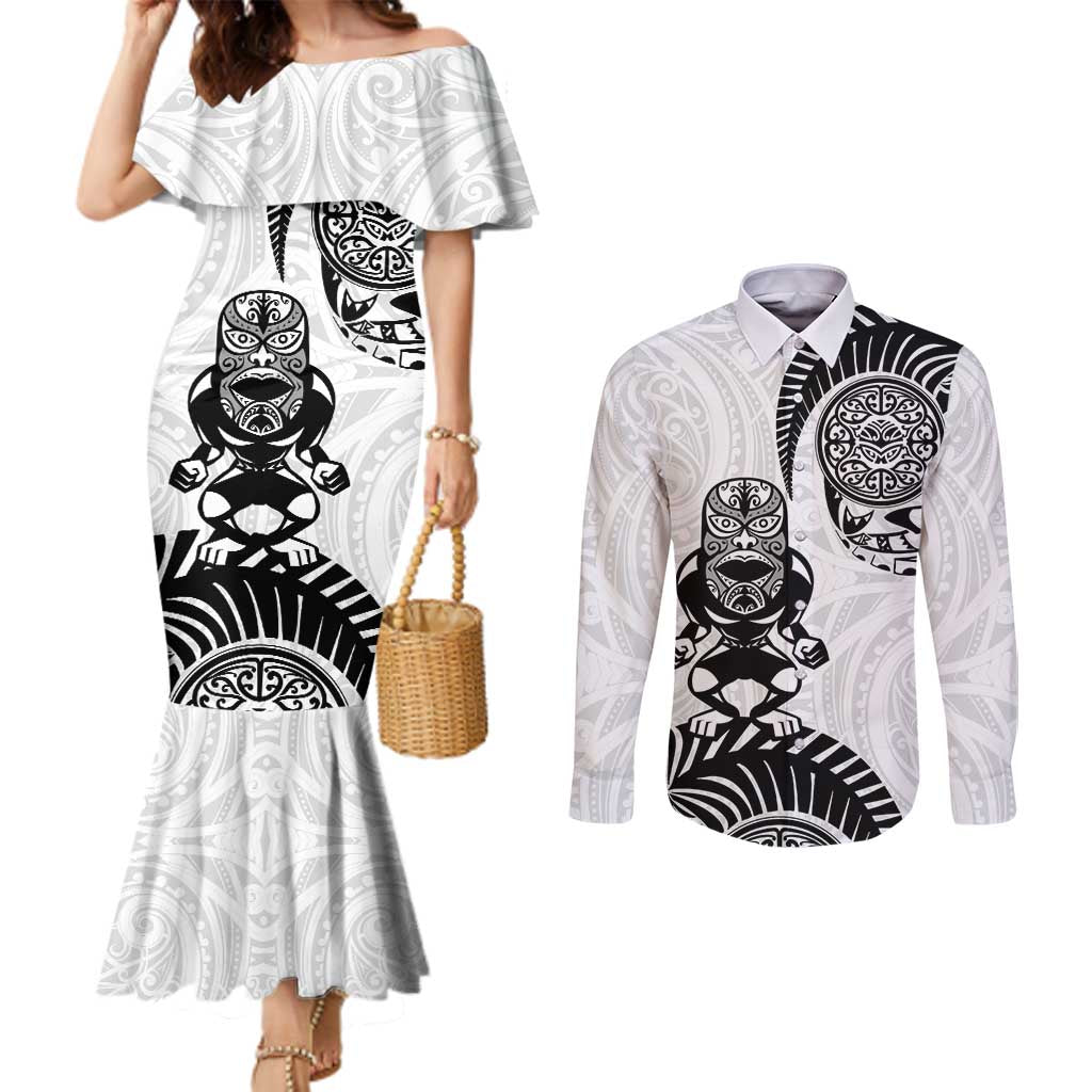 Custom Aotearoa Football Couples Matching Mermaid Dress and Long Sleeve Button Shirt NZ Maori Tiki Go Champions