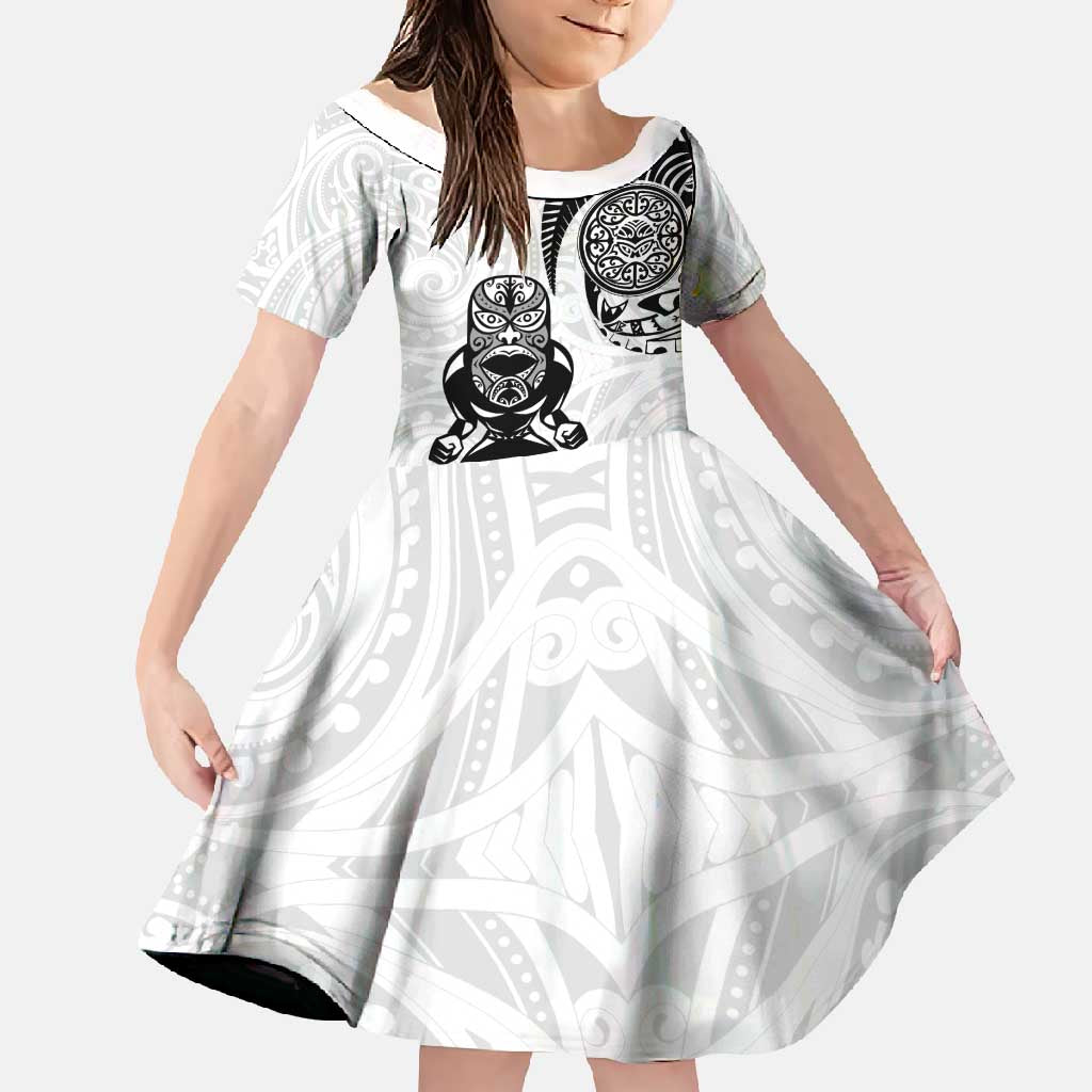 Custom Aotearoa Football Family Matching Tank Maxi Dress and Hawaiian Shirt NZ Maori Tiki Go Champions LT14 Daughter's Dress White - Polynesian Pride