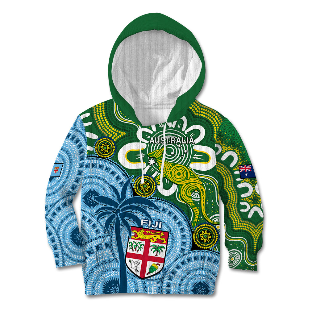 Australia And Fiji Kid Hoodie Aboriginal Mix Fijian Tapa Unique Style LT14 Green - Polynesian Pride