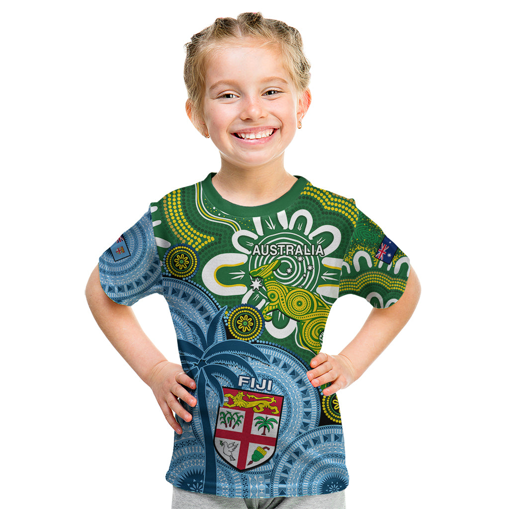 Australia And Fiji Kid T Shirt Aboriginal Mix Fijian Tapa Unique Style LT14 Green - Polynesian Pride