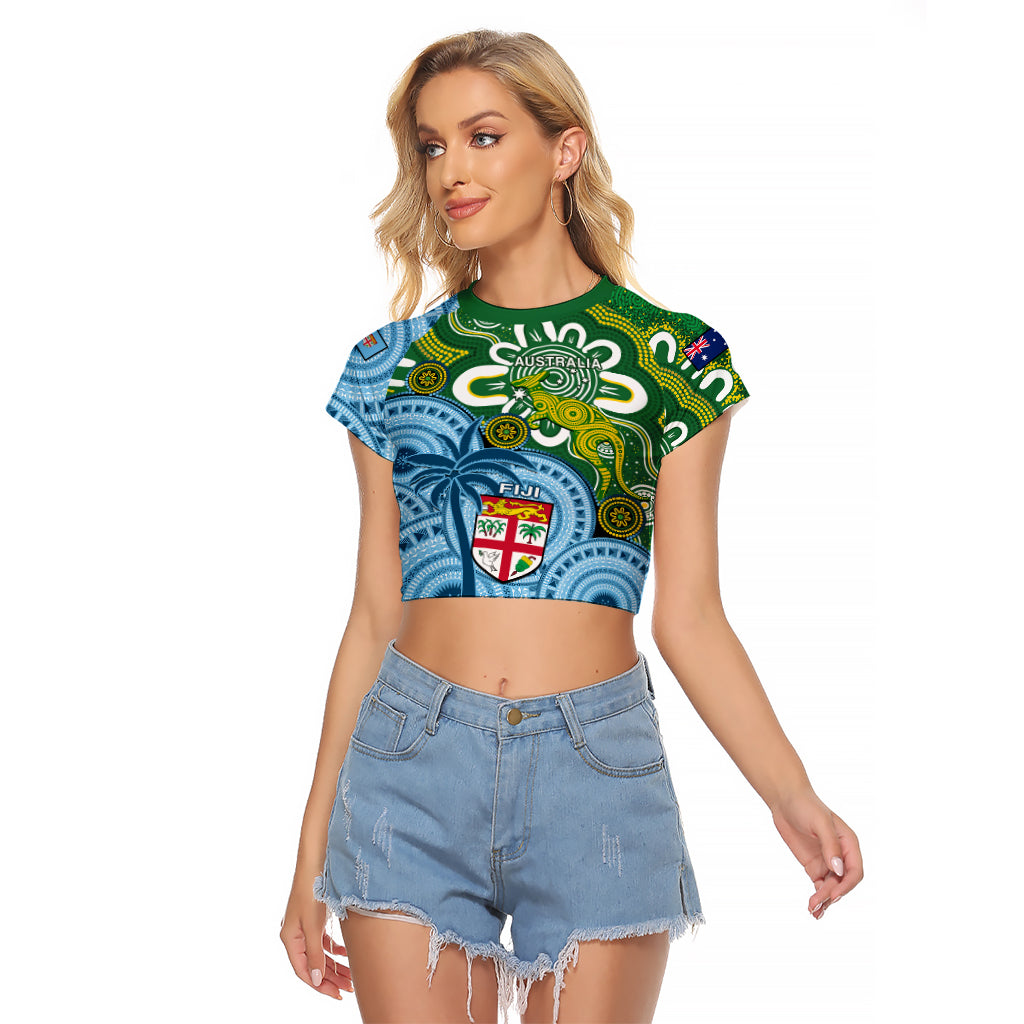 Australia And Fiji Raglan Cropped T Shirt Aboriginal Mix Fijian Tapa Unique Style LT14 Female Green - Polynesian Pride