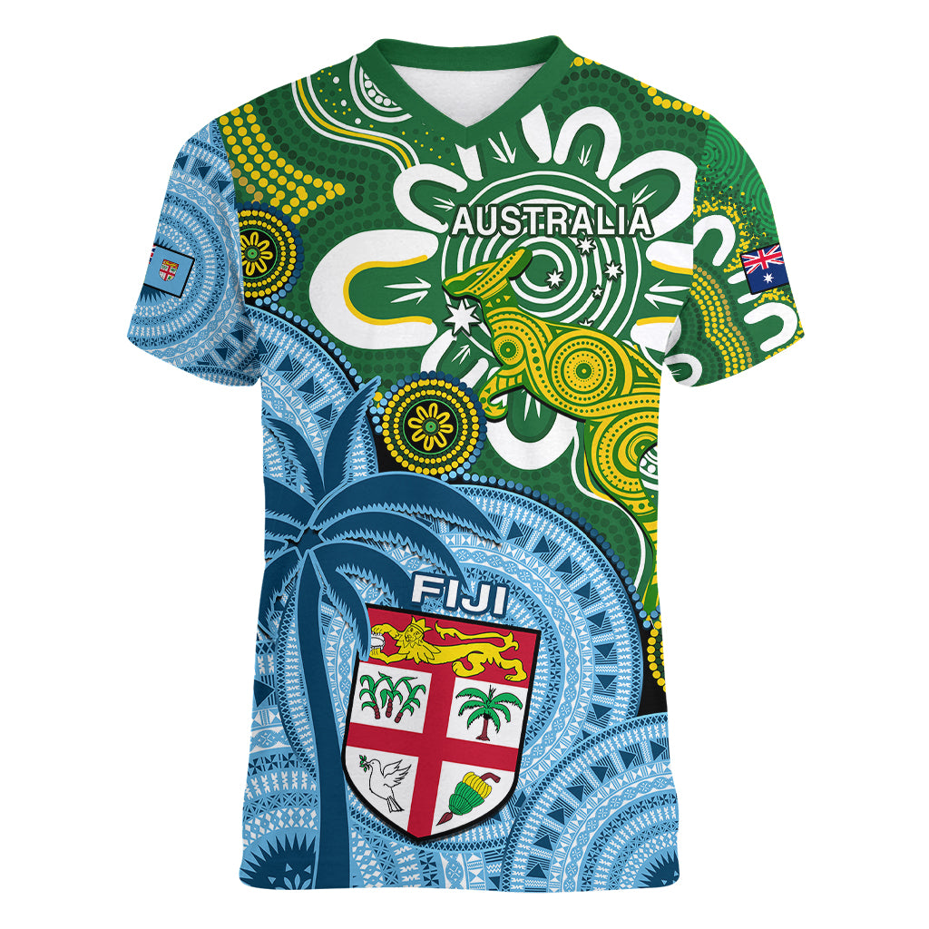 Australia And Fiji Women V Neck T Shirt Aboriginal Mix Fijian Tapa Unique Style LT14 Female Green - Polynesian Pride