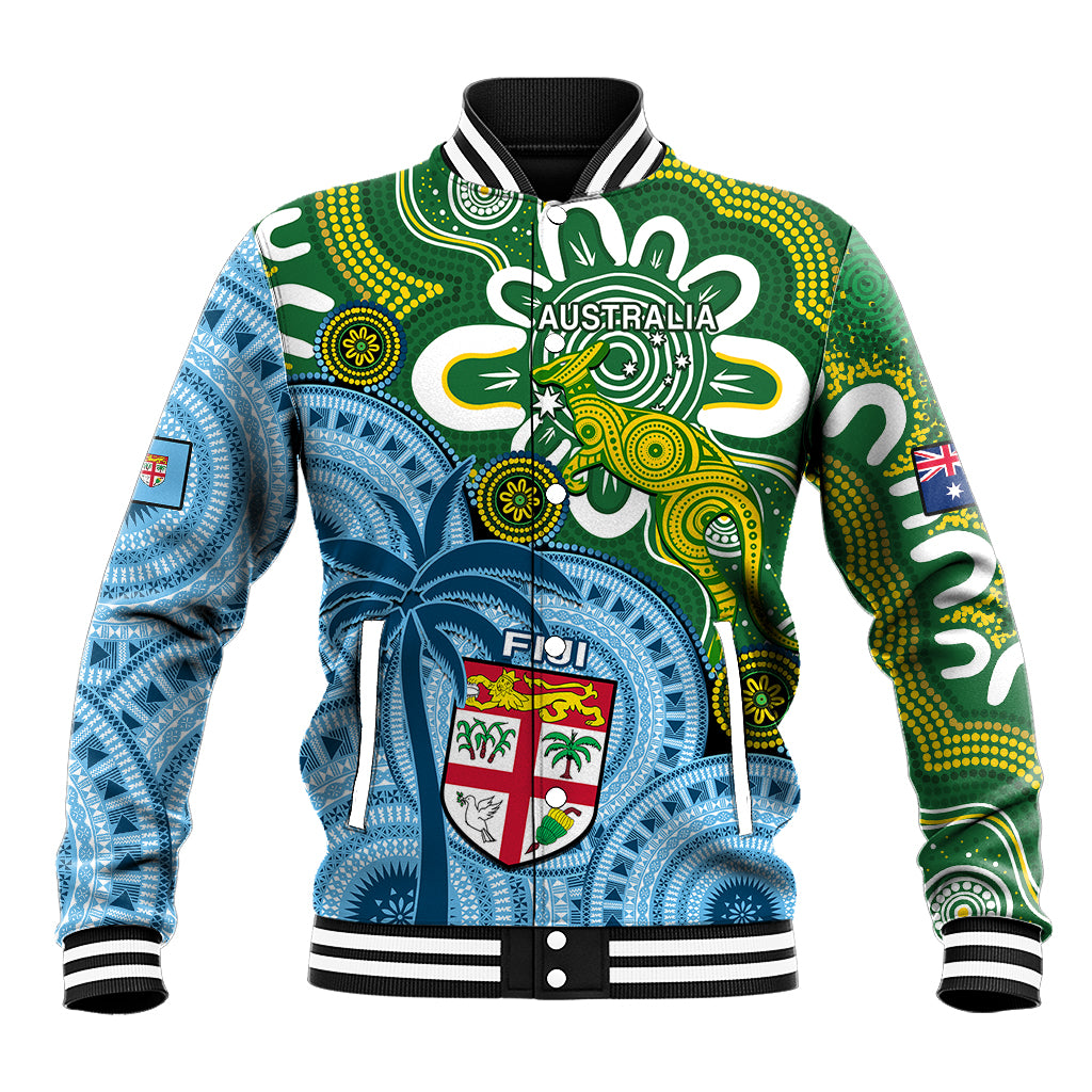 Personalised Australia And Fiji Baseball Jacket Aboriginal Mix Fijian Tapa Unique Style LT14 Unisex Green - Polynesian Pride