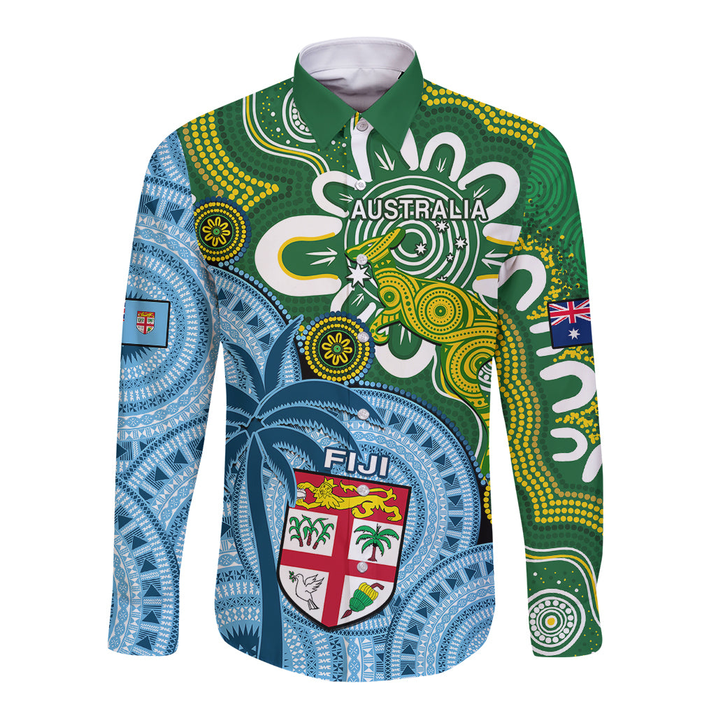 Personalised Australia And Fiji Long Sleeve Button Shirt Aboriginal Mix Fijian Tapa Unique Style LT14 Unisex Green - Polynesian Pride