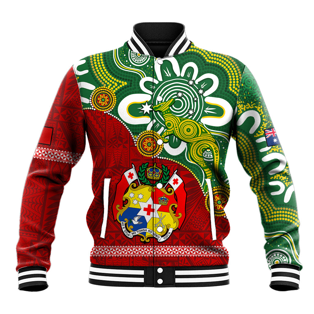 Australia And Tonga Baseball Jacket Aboriginal Mix Tongan Ngatu Unique Style LT14 Unisex Green - Polynesian Pride
