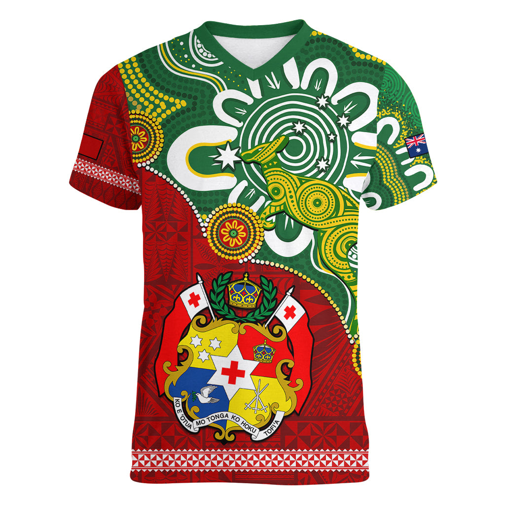 Australia And Tonga Women V Neck T Shirt Aboriginal Mix Tongan Ngatu Unique Style LT14 Female Green - Polynesian Pride