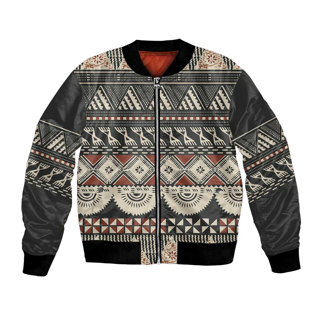 Vintage Bula Fiji Masi Bomber Jacket Fijian Tapa Cloth LT14 Unisex Charcoal - Polynesian Pride