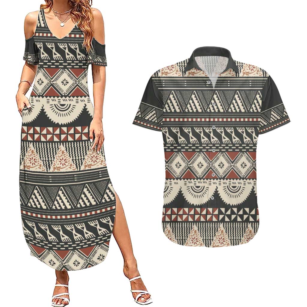 Vintage Bula Fiji Masi Couples Matching Summer Maxi Dress and Hawaiian Shirt Fijian Tapa Cloth - Polynesian Pride