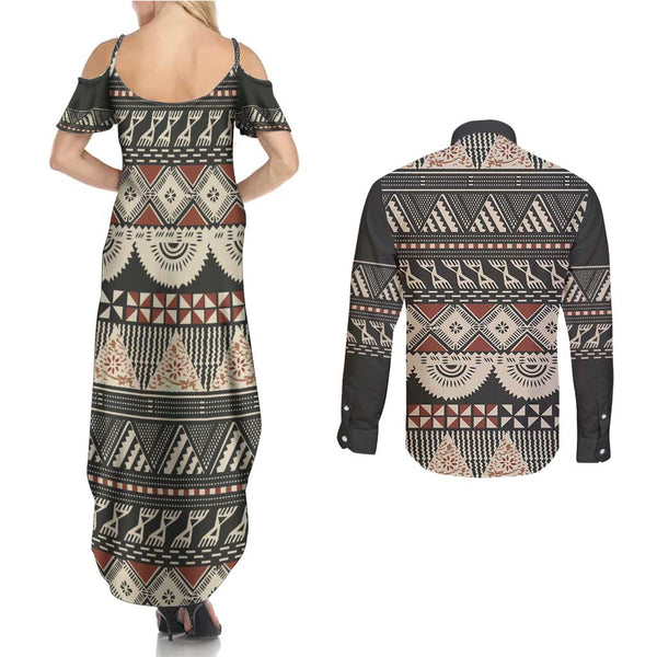 Malampa Fiji Day Couples Matching Summer Maxi Dress and Long Sleeve Button Shirts Together We Grow Proud Polynesian Tapa Artsy LT14