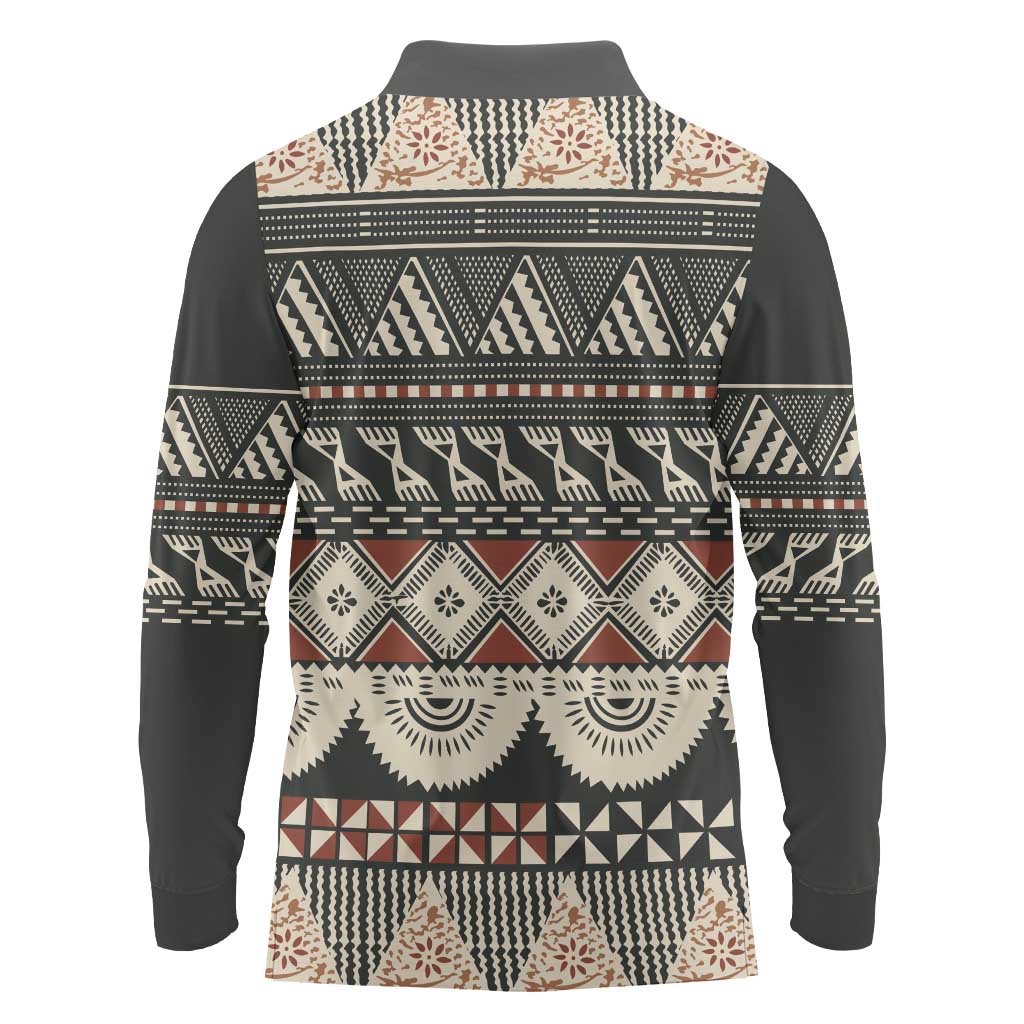 Vintage Bula Fiji Masi Long Sleeve Polo Shirt Fijian Tapa Cloth - Polynesian Pride