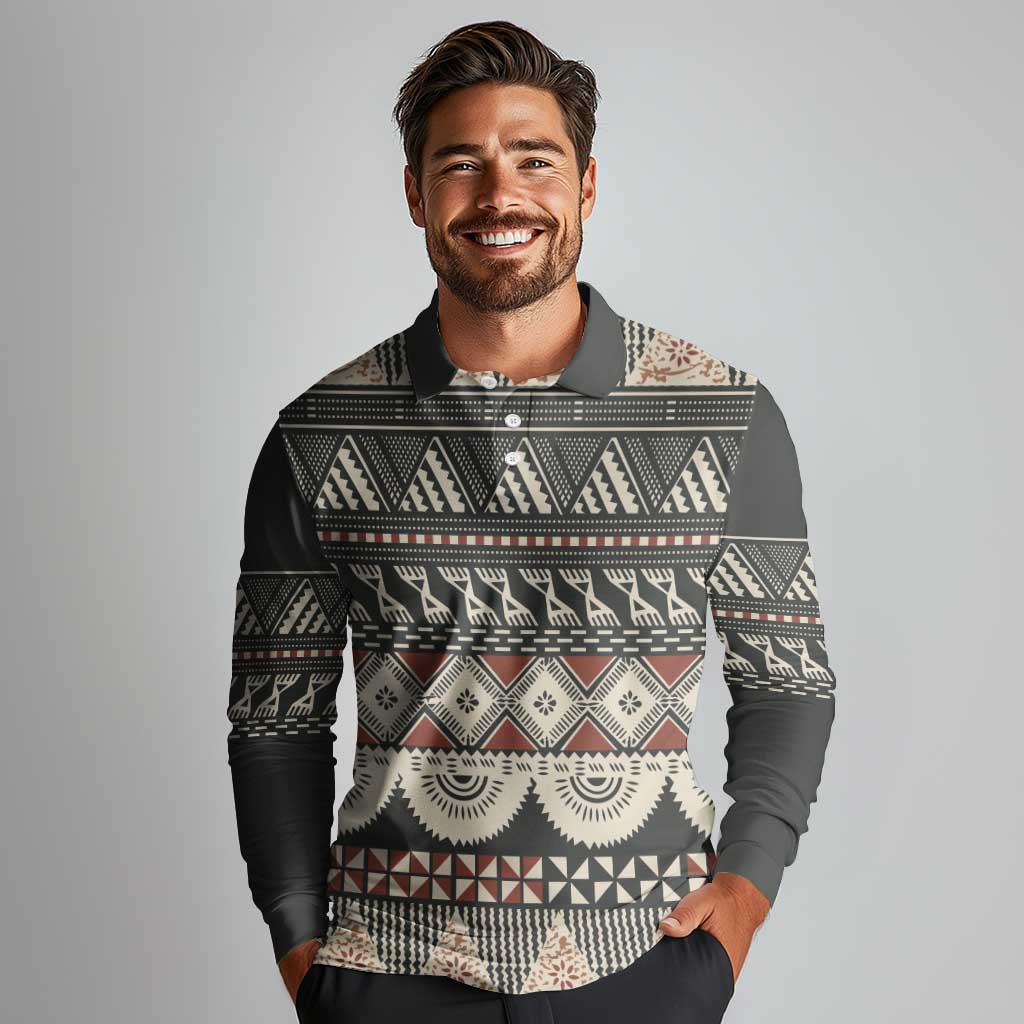 Vintage Bula Fiji Masi Long Sleeve Polo Shirt Fijian Tapa Cloth - Polynesian Pride