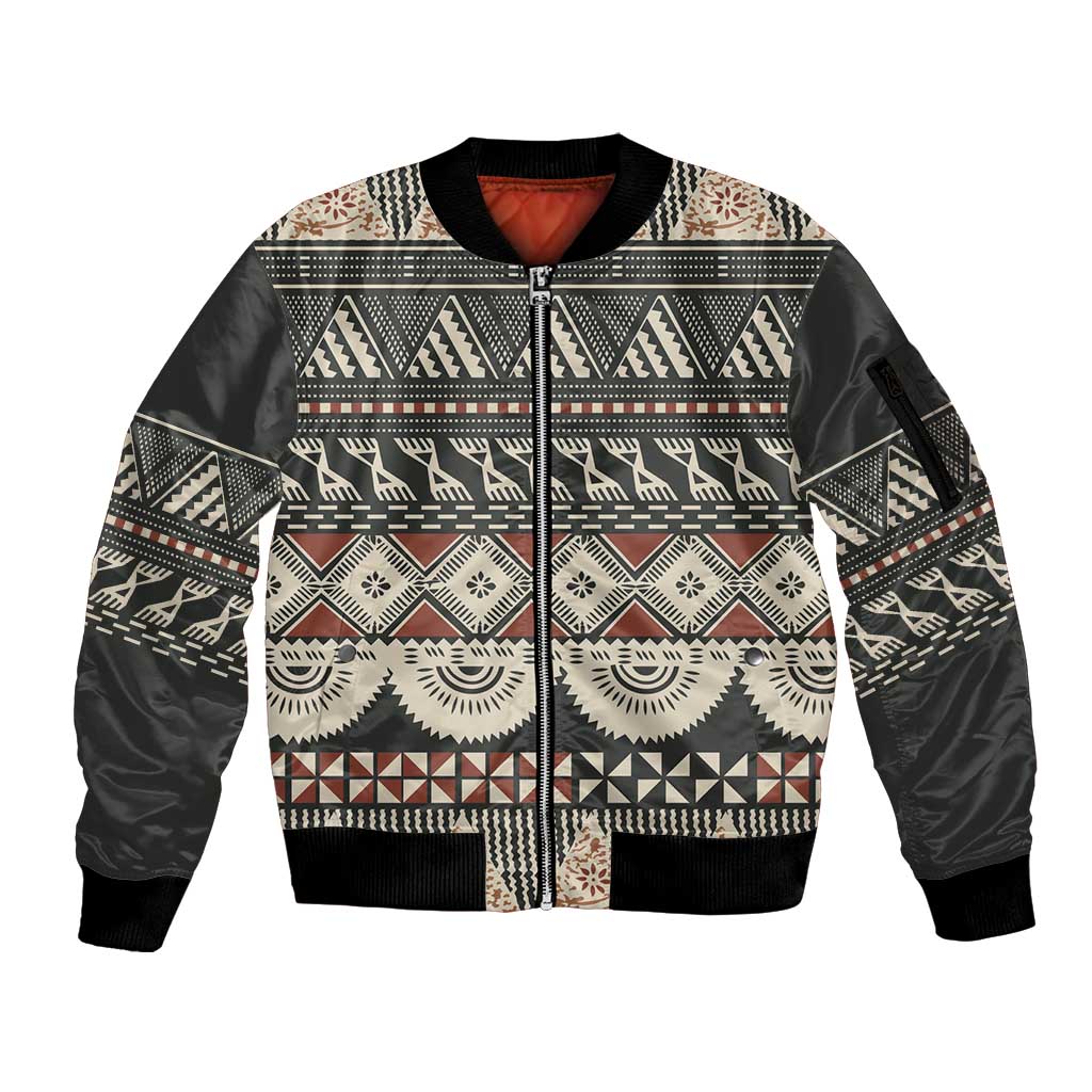 Vintage Bula Fiji Masi Sleeve Zip Bomber Jacket Fijian Tapa Cloth LT14 Unisex Charcoal - Polynesian Pride