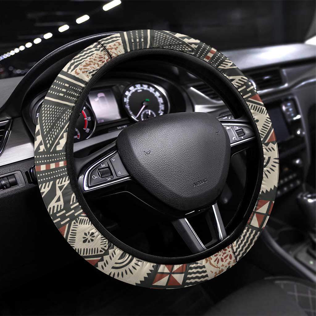 Vintage Bula Fiji Masi Steering Wheel Cover Fijian Tapa Cloth LT14 Universal Fit Charcoal - Polynesian Pride