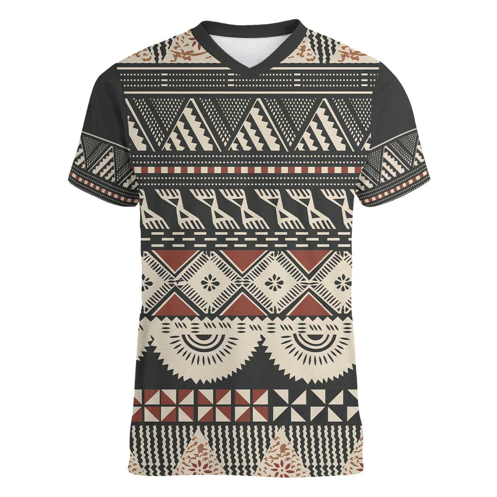 Vintage Bula Fiji Masi Women V-Neck T-Shirt Fijian Tapa Cloth - Polynesian Pride