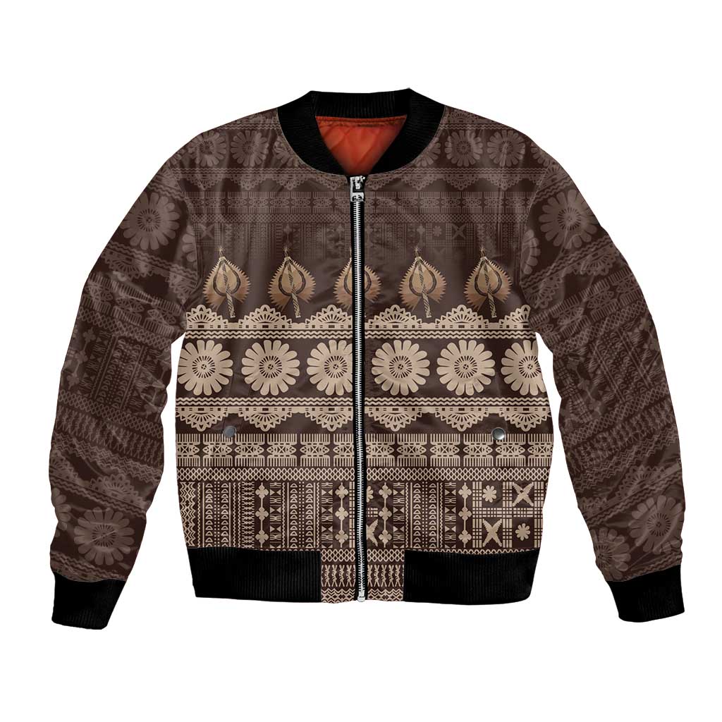 Bula Fiji Iri ni Meke Bomber Jacket Kuvui Fijian Masi LT14 Unisex Brown - Polynesian Pride