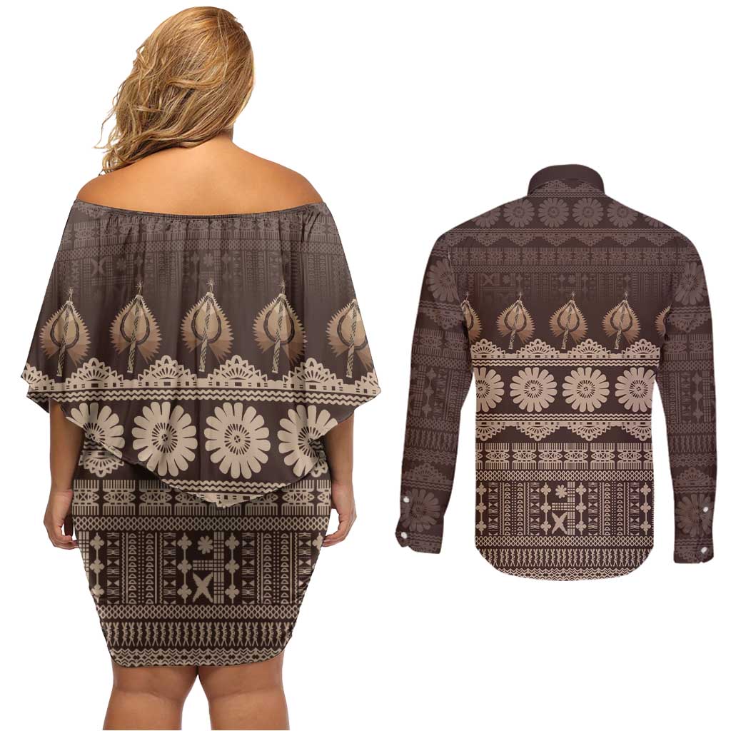 Bula Fiji Iri ni Meke Couples Matching Off Shoulder Short Dress and Long Sleeve Button Shirt Kuvui Fijian Masi - Polynesian Pride