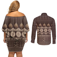 Bula Fiji Iri ni Meke Couples Matching Off Shoulder Short Dress and Long Sleeve Button Shirt Kuvui Fijian Masi - Polynesian Pride