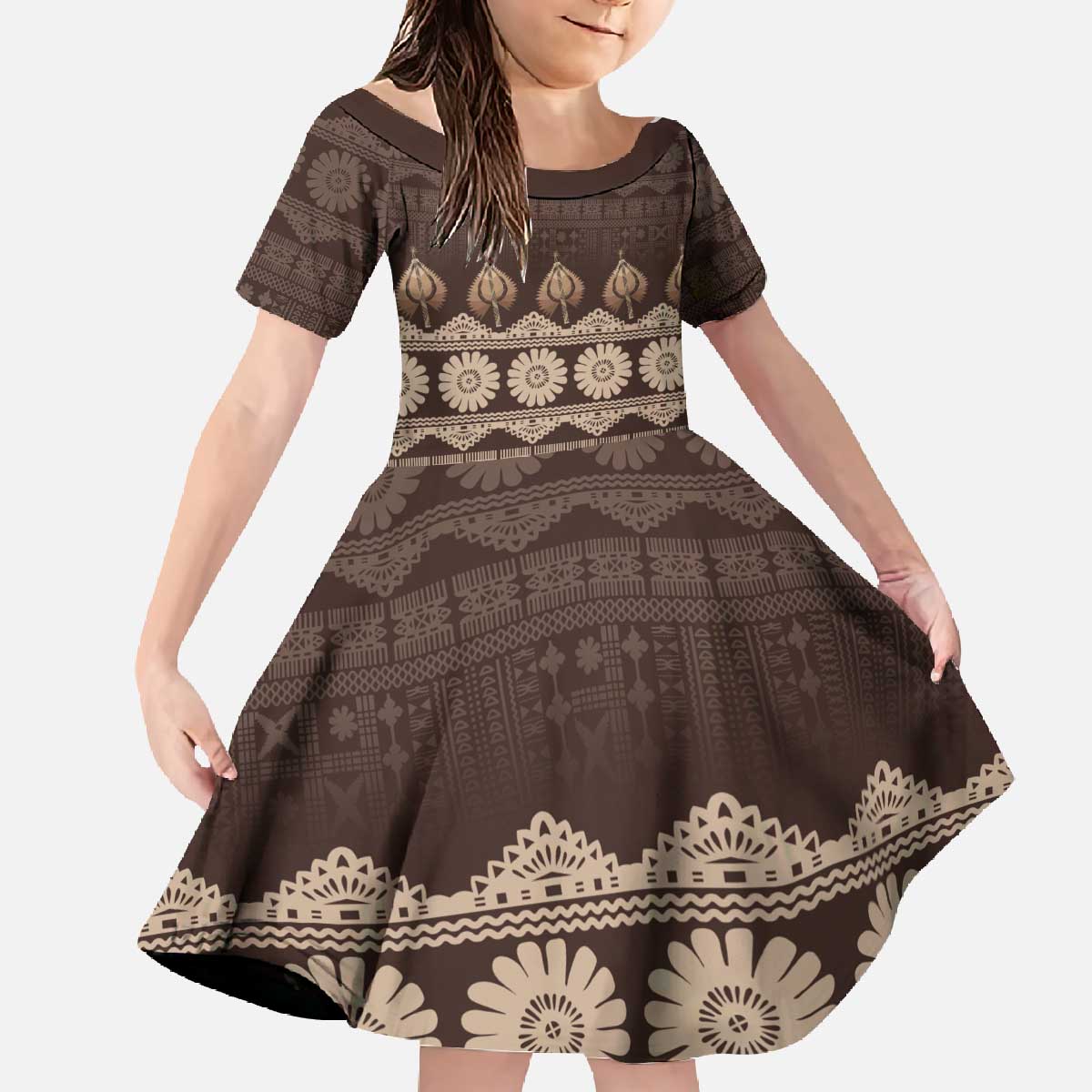 Bula Fiji Iri ni Meke Family Matching Off The Shoulder Long Sleeve Dress and Hawaiian Shirt Kuvui Fijian Masi - Polynesian Pride