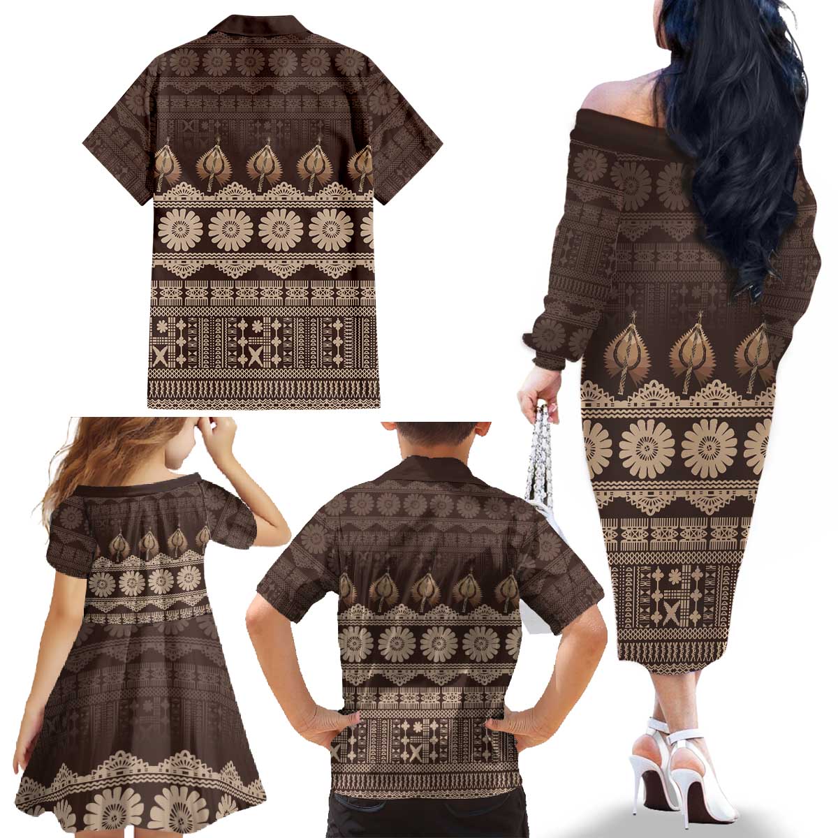 Bula Fiji Iri ni Meke Family Matching Off The Shoulder Long Sleeve Dress and Hawaiian Shirt Kuvui Fijian Masi - Polynesian Pride