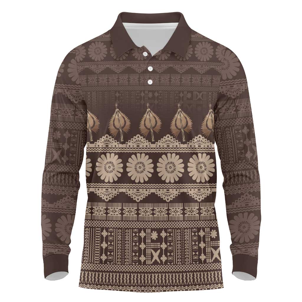 Bula Fiji Iri ni Meke Long Sleeve Polo Shirt Kuvui Fijian Masi - Polynesian Pride