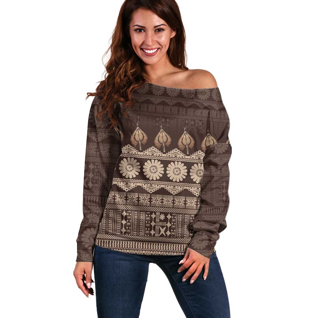 Bula Fiji Iri ni Meke Off Shoulder Sweater Kuvui Fijian Masi - Polynesian Pride