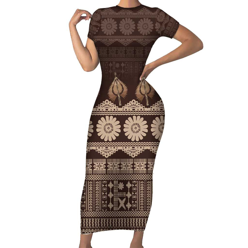 Bula Fiji Iri ni Meke Short Sleeve Bodycon Dress Kuvui Fijian Masi - Polynesian Pride