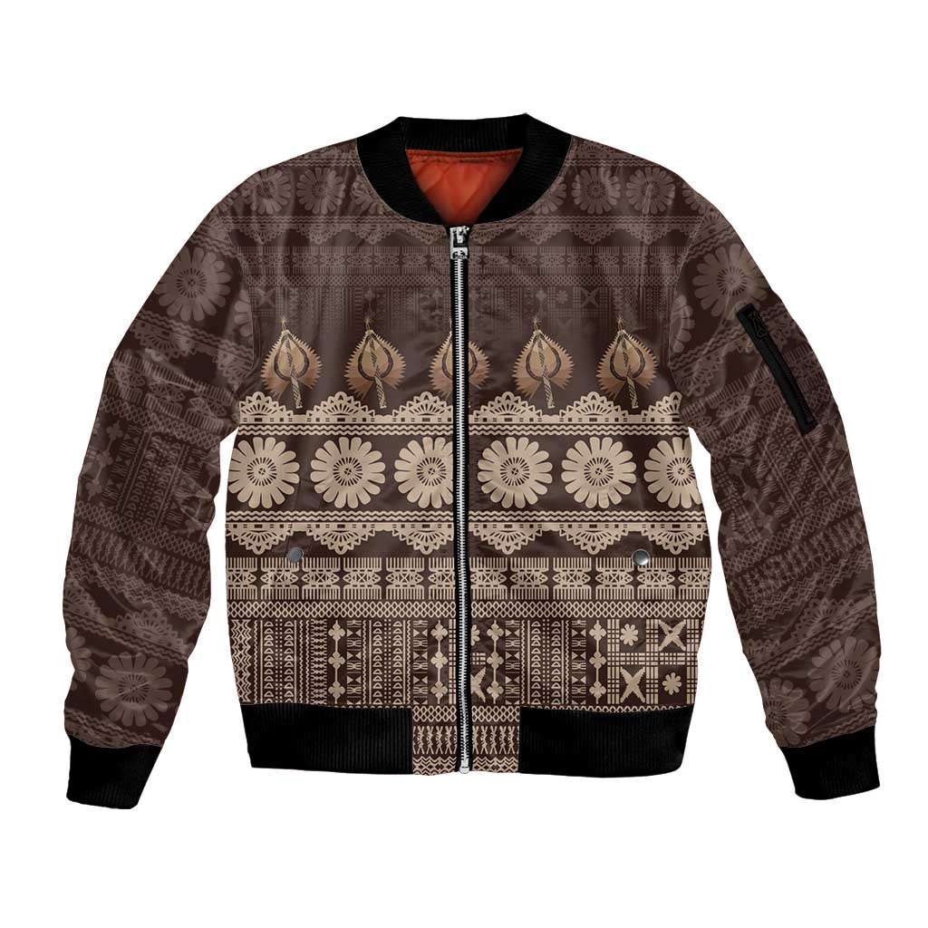 Bula Fiji Iri ni Meke Sleeve Zip Bomber Jacket Kuvui Fijian Masi LT14 Unisex Brown - Polynesian Pride