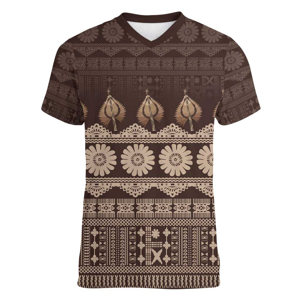 Bula Fiji Iri ni Meke Women V-Neck T-Shirt Kuvui Fijian Masi - Polynesian Pride