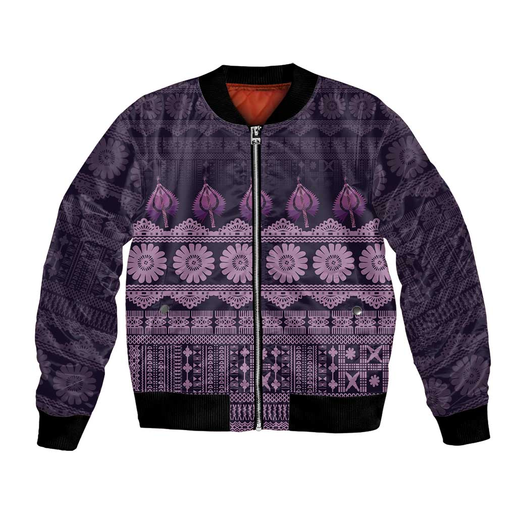 Bula Fiji Iri ni Meke Bomber Jacket Lokaloka Fijian Masi LT14 Unisex Purple - Polynesian Pride