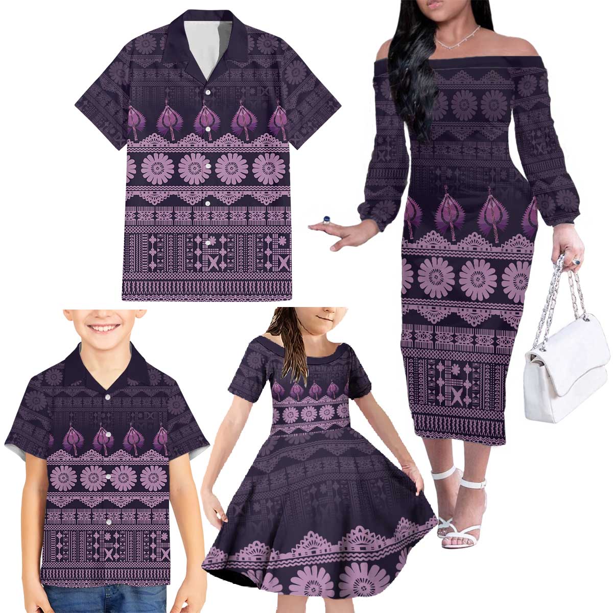 Bula Fiji Iri ni Meke Family Matching Off The Shoulder Long Sleeve Dress and Hawaiian Shirt Lokaloka Fijian Masi - Polynesian Pride