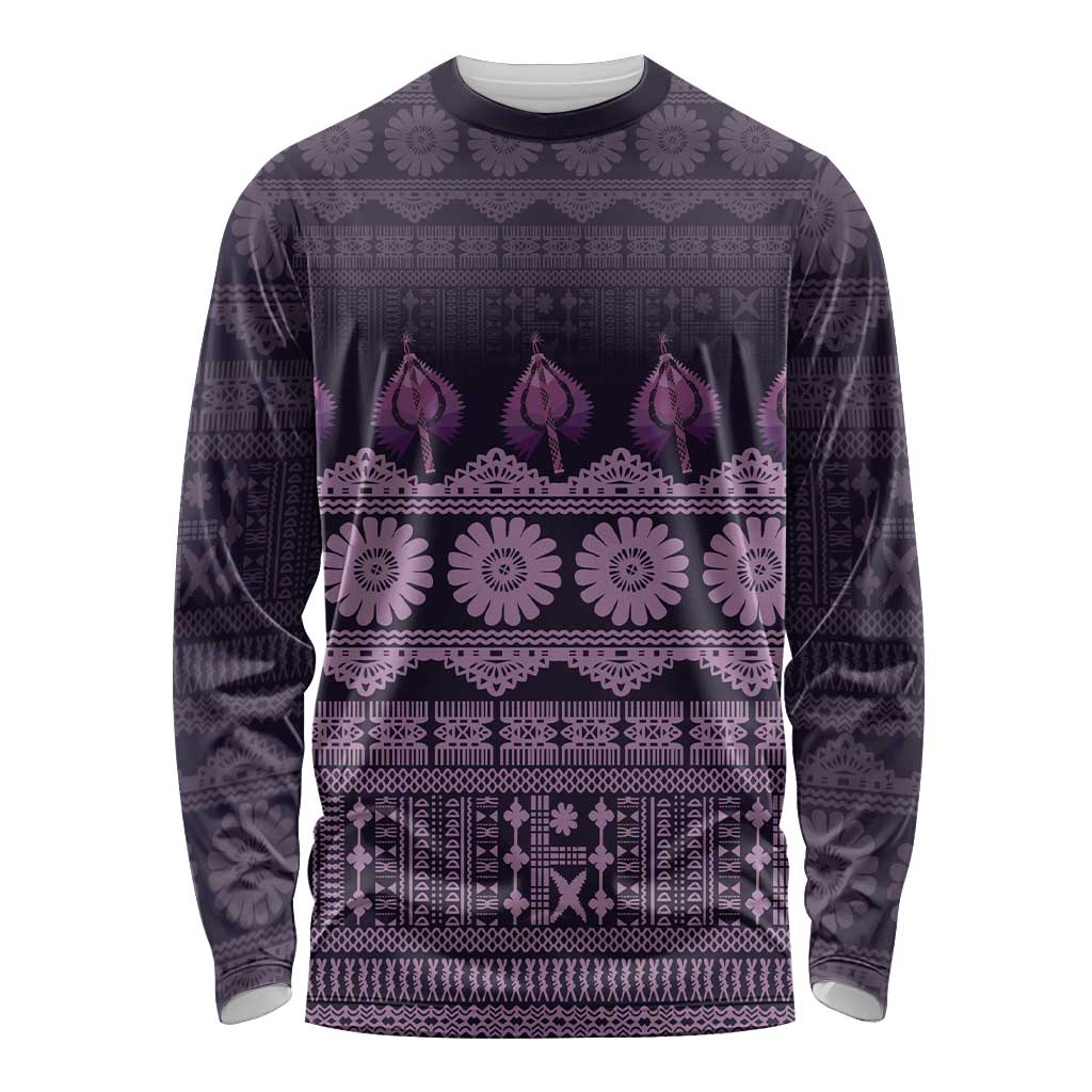 Bula Fiji Iri ni Meke Long Sleeve Shirt Lokaloka Fijian Masi LT14 Unisex Purple - Polynesian Pride