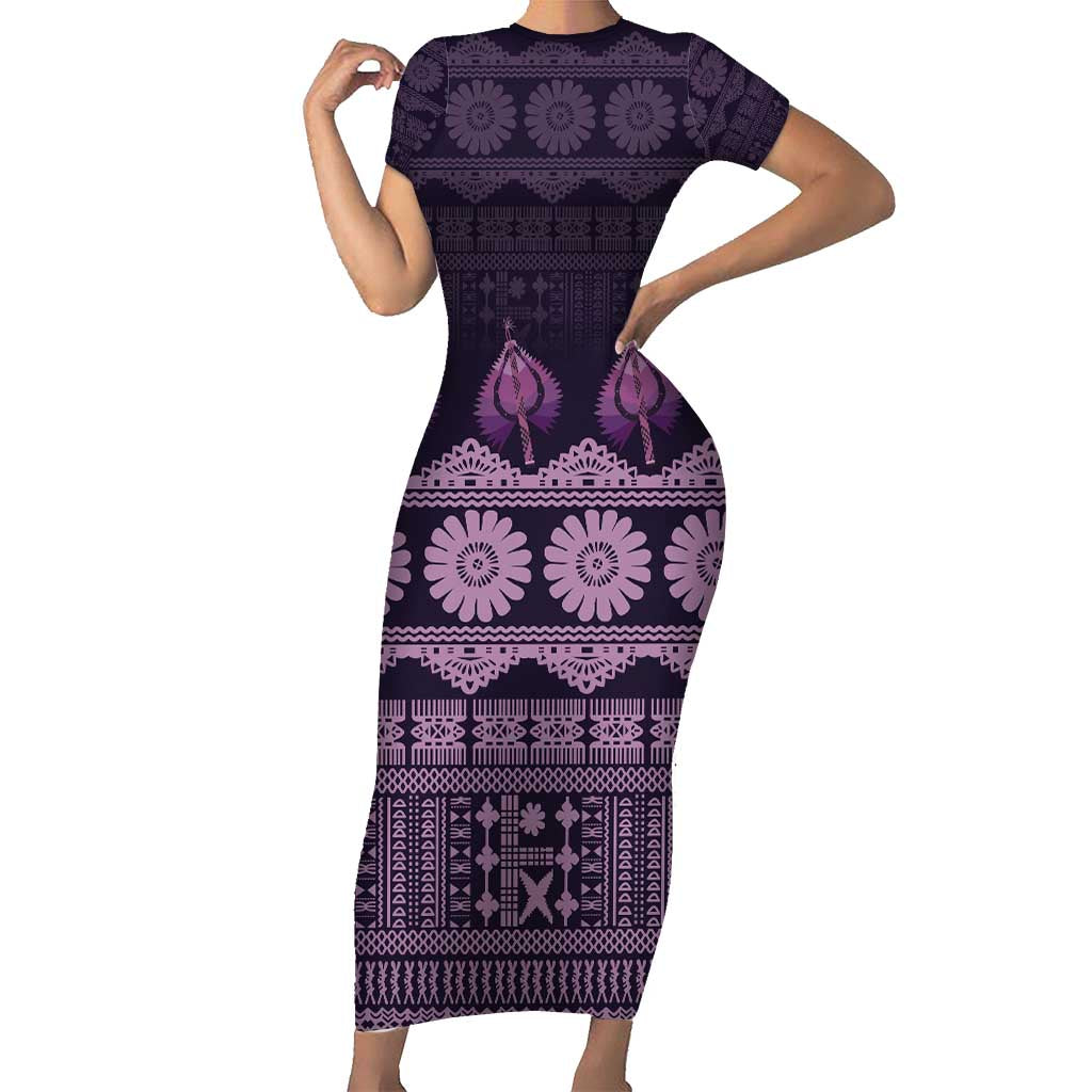 Bula Fiji Iri ni Meke Short Sleeve Bodycon Dress Lokaloka Fijian Masi - Polynesian Pride