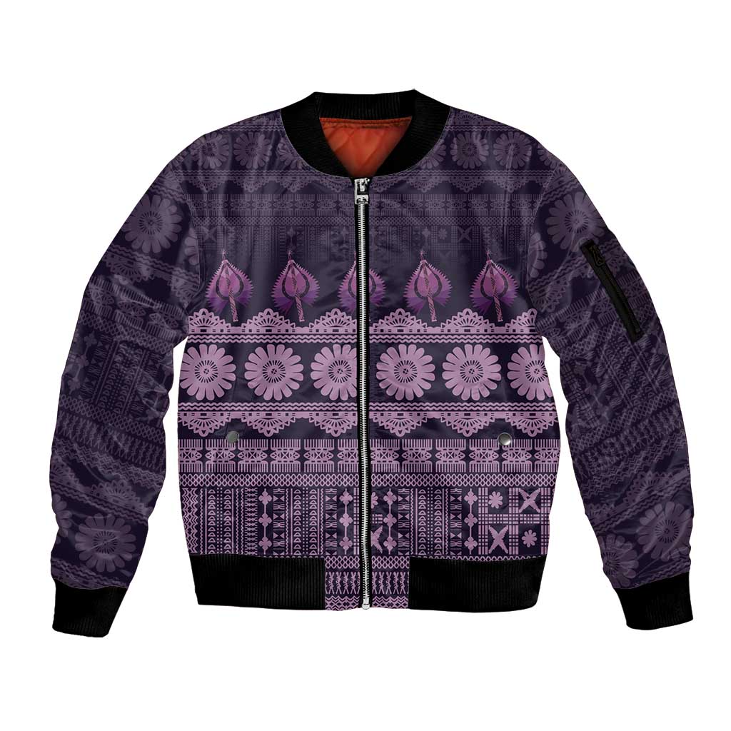Bula Fiji Iri ni Meke Sleeve Zip Bomber Jacket Lokaloka Fijian Masi LT14 Unisex Purple - Polynesian Pride