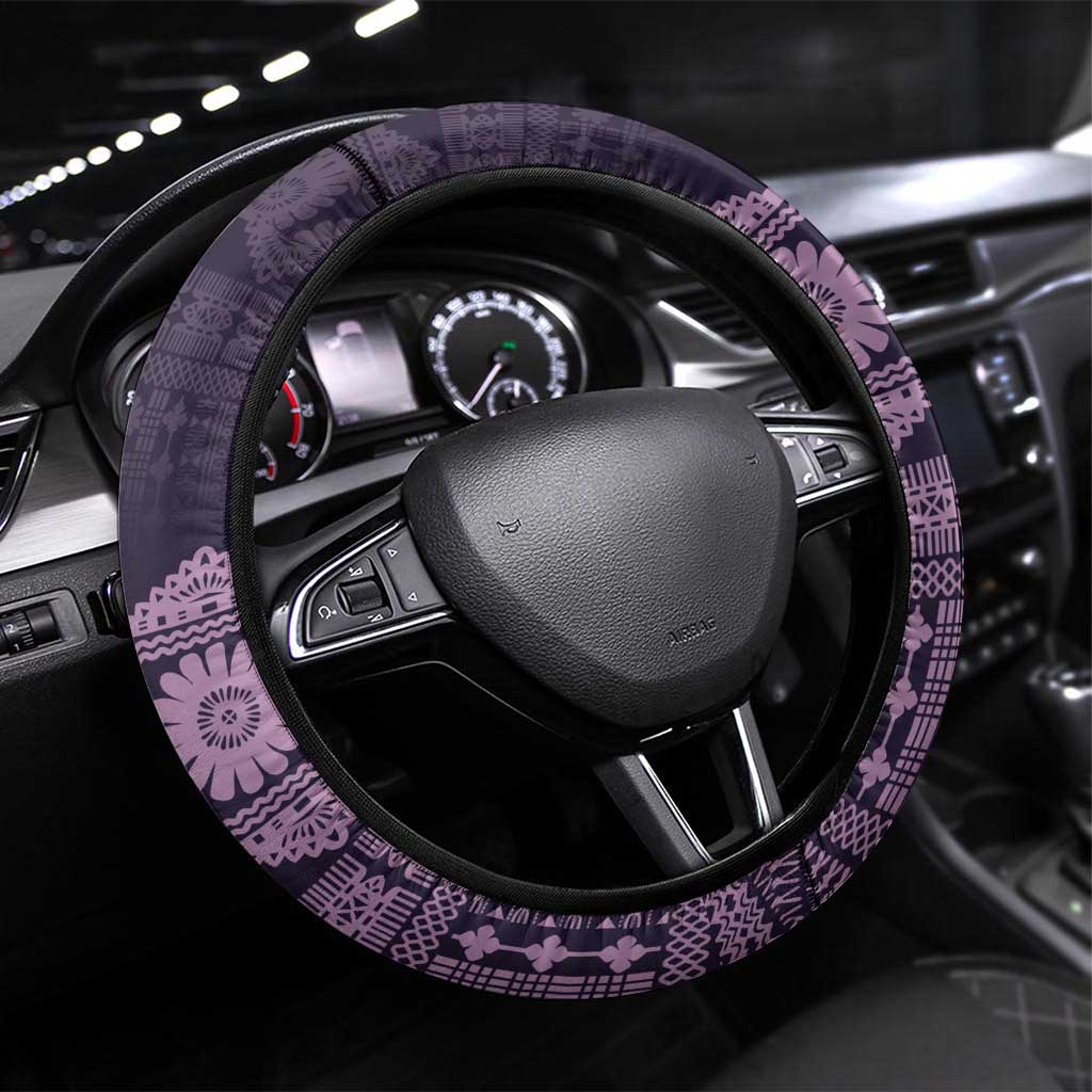 Bula Fiji Iri ni Meke Steering Wheel Cover Lokaloka Fijian Masi LT14 Universal Fit Purple - Polynesian Pride