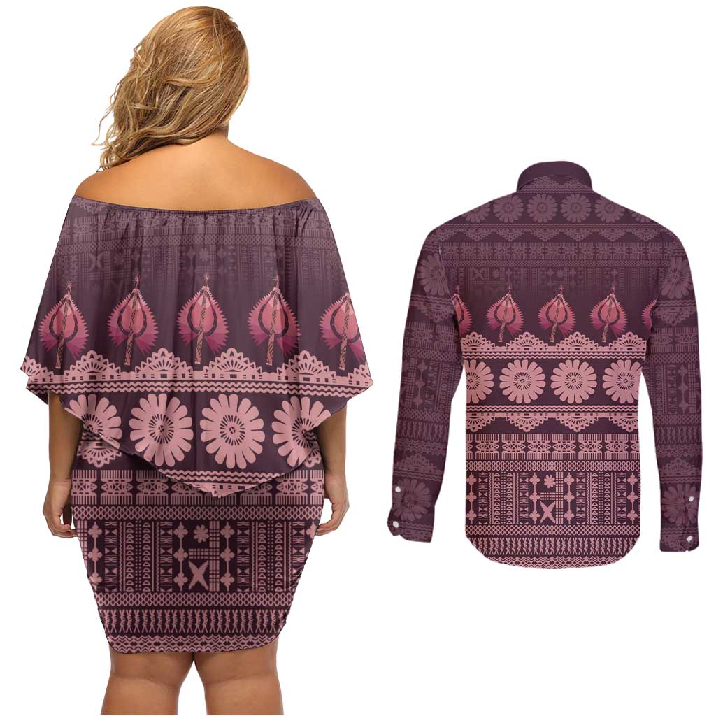 Bula Fiji Iri ni Meke Couples Matching Off Shoulder Short Dress and Long Sleeve Button Shirt Piqi Fijian Masi - Polynesian Pride