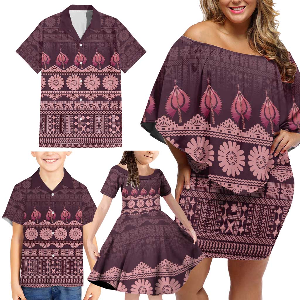 Bula Fiji Iri ni Meke Family Matching Off Shoulder Short Dress and Hawaiian Shirt Piqi Fijian Masi - Polynesian Pride