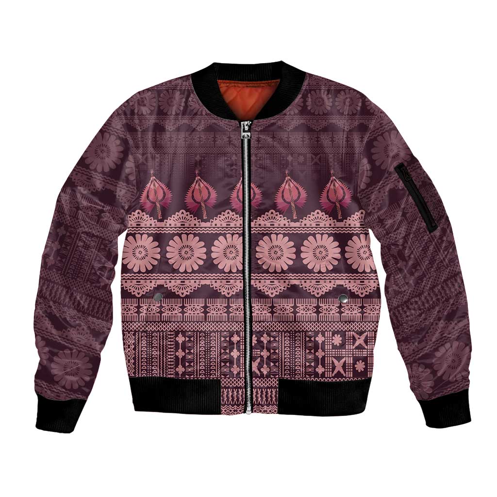 Bula Fiji Iri ni Meke Sleeve Zip Bomber Jacket Piqi Fijian Masi LT14 Unisex Pink - Polynesian Pride