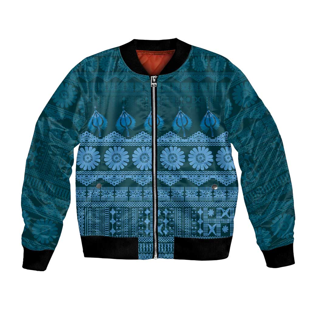 Bula Fiji Iri ni Meke Bomber Jacket Karakarawa Fijian Masi LT14 Unisex Blue - Polynesian Pride