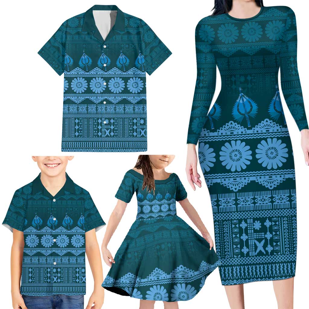 Bula Fiji Iri ni Meke Family Matching Long Sleeve Bodycon Dress and Hawaiian Shirt Karakarawa Fijian Masi - Polynesian Pride
