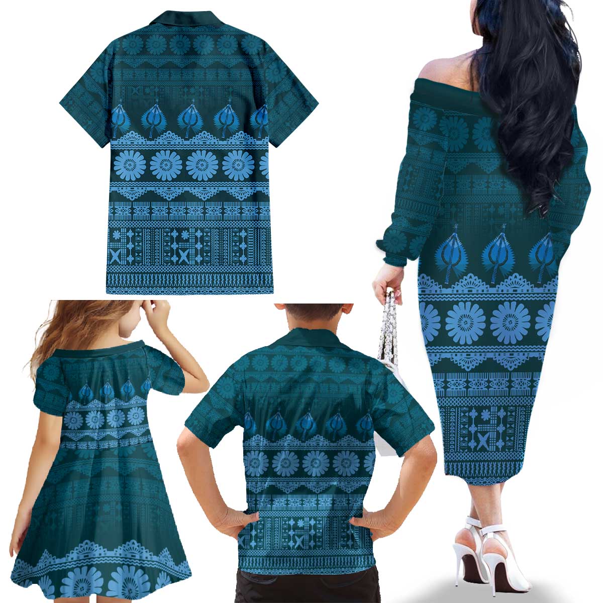 Bula Fiji Iri ni Meke Family Matching Off The Shoulder Long Sleeve Dress and Hawaiian Shirt Karakarawa Fijian Masi - Polynesian Pride