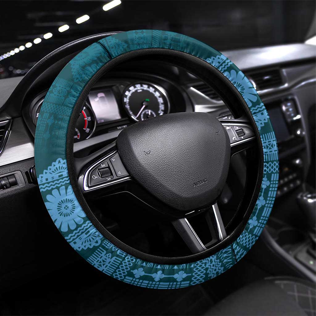 Bula Fiji Iri ni Meke Steering Wheel Cover Karakarawa Fijian Masi LT14 Universal Fit Blue - Polynesian Pride