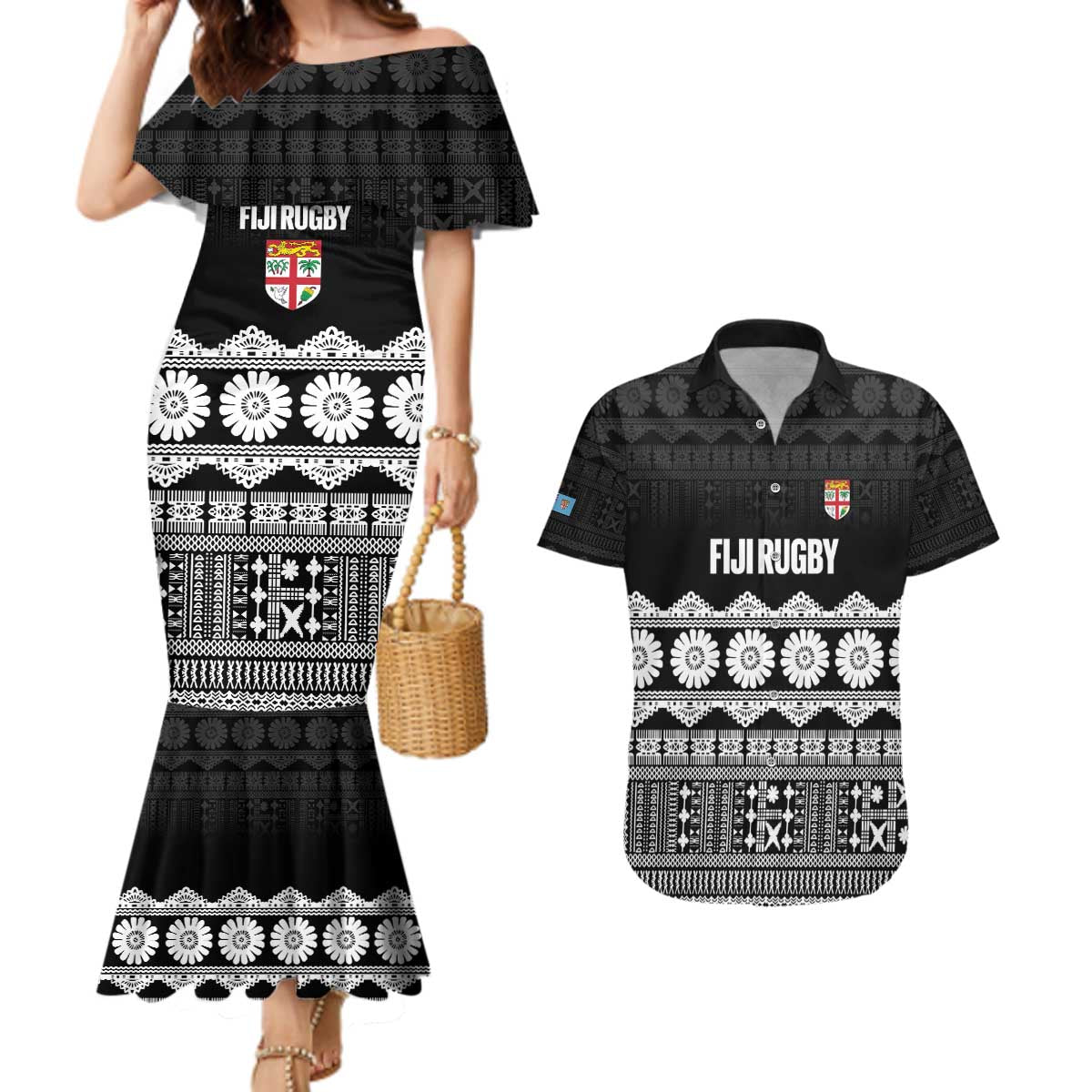 Fiji Tapa Rugby Custom Couples Matching Mermaid Dress and Hawaiian Shirt Go Fijiana - Polynesian Pride